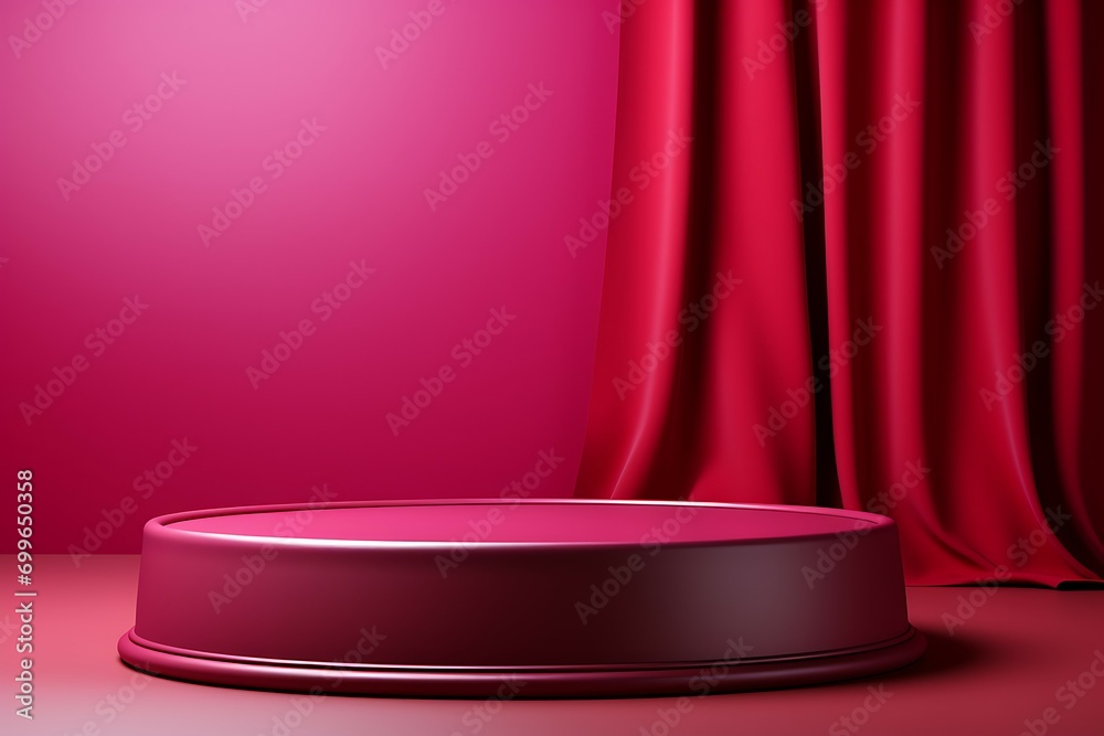 Poster podium with red curtains. 3d render