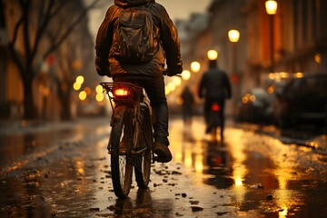 Man riding bicycle on wet street at night, back view. Rainy weather