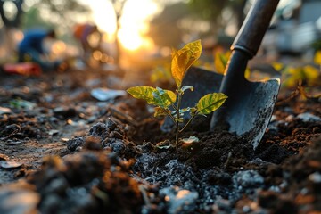Planting trees, digging the ground with shovel to plant seedlings, nature conservation, against deforestation, ecosystem conservation, respect for nature - obrazy, fototapety, plakaty