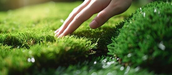Hand stroking soft, squishy synthetic grass - a budget-friendly alternative to green lawns. - obrazy, fototapety, plakaty
