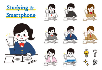 スマホで勉強をする学生のイラスト。