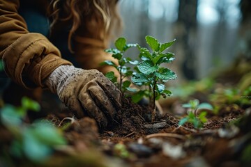 Planting tree, human hands plant young plant, seedling in the ground, saving nature, preserving...