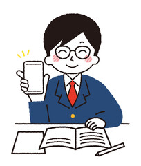 スマホで勉強をする学生のイラスト。