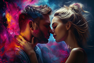 Generative ai fantasy surreal image of romantic story people in love on colorful background