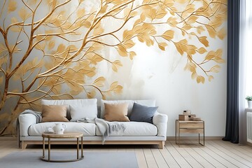 Luxury living room wallpaper with white sofa, coffee table and 3d golden tree design on wall