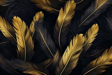 Golden feathers on a black background
