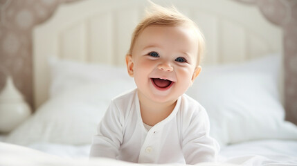 happy smiling baby home bed sitting looking daylight ai visual concept - obrazy, fototapety, plakaty