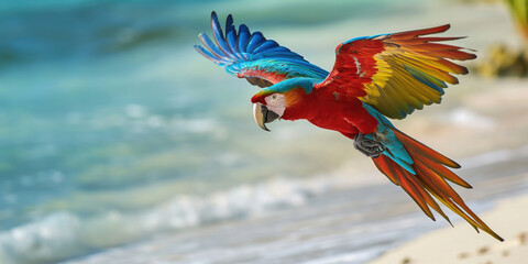 flying parrot above a tropical island