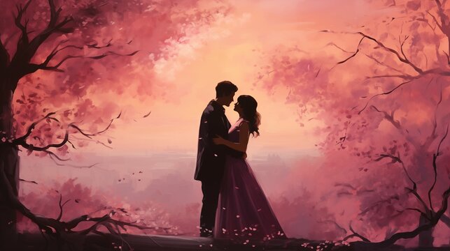 Wedding couple in the autumn forest. Digital painting. Romantic background.