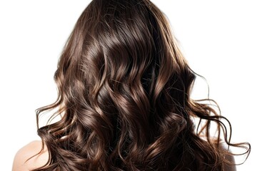 Naklejka premium Back view of a brunette woman with long brown curly hair