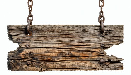 Weathered wood sign hanging with chain white background - obrazy, fototapety, plakaty