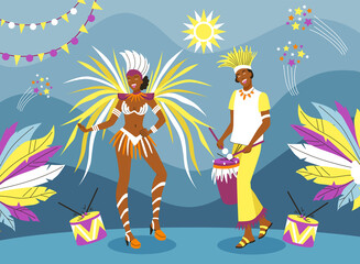 Obraz na płótnie Canvas Hand drawn flat brazilian carnival background with dancers wearing feather costumes