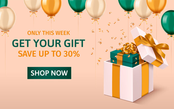 Realistic gift promotion advertising banner template with gift boxes and balloons