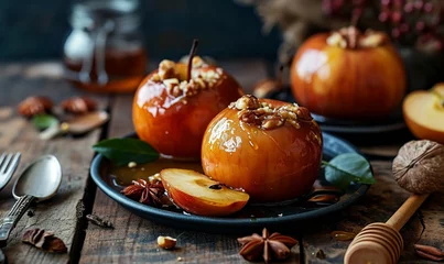 Fotobehang baked apple with wallnut and honey © Pekr