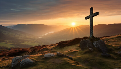 cross at sunset in the mountains - obrazy, fototapety, plakaty