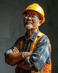 potrait of A happy asian 45 years male construction worker, miner, and builder