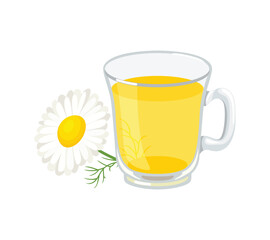 Chamomile tea in glass cup and flower isolated on white background. Vector cartoon flat illustration of herbal drink.