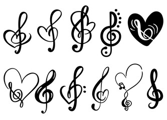 Music notes heart, treble love and music notes, heart shape, great set collection clip art Silhouette , Black vector illustration on white background.