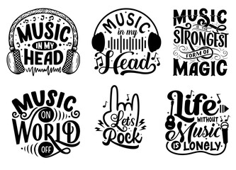 Music Quote Element Design. Set with inspirational quotes about music.  Black illustration Phrases & lettering , great set collection clip art Silhouette on white background V1.