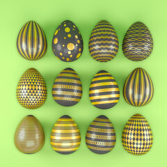 3d render of 12 black and gold easter eggs on green background. - Vacation background.