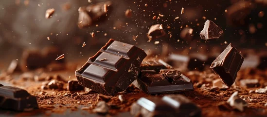 Gordijnen Close-up view of chocolate bar falling on gradient surface. © AkuAku