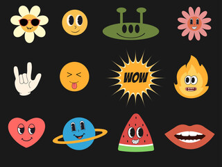 Retro comic  vintage stickers pack. Funny trendy y2k characters collection