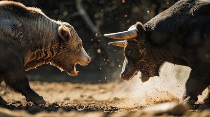 The Battle of the Bear and the Bull - obrazy, fototapety, plakaty