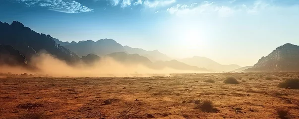 Foto op Plexiglas Majestic landscape of sand sun and rocky peaks at sunset. Golden horizons. Panoramic view of arid desert bathed in warmth of setting sun. Endless sands. Journey vast and serene at dusk © Bussakon