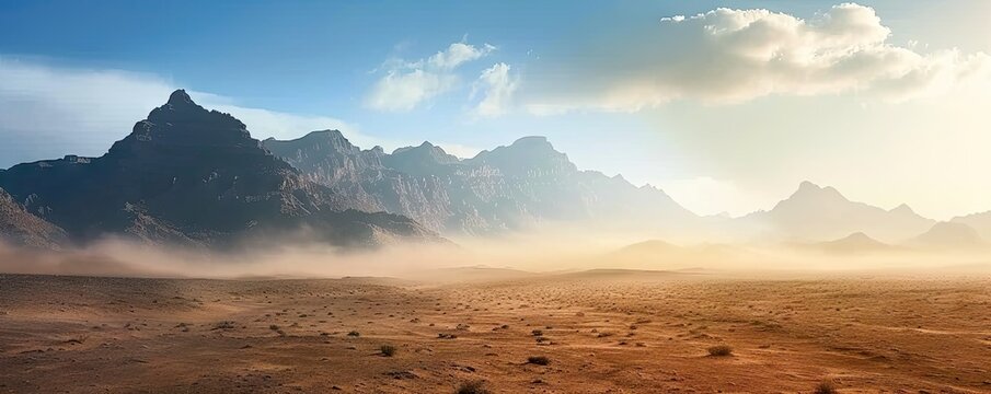 Majestic landscape of sand sun and rocky peaks at sunset. Golden horizons. Panoramic view of arid desert bathed in warmth of setting sun. Endless sands. Journey vast and serene at dusk