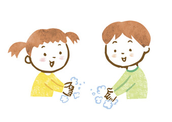 手を洗っている男の子と女の子の手描きイラスト