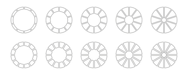 Circle division on 10, 12 equal parts. Wheel round divided diagrams with ten, twelve segments. Set of infographic. Coaching blank. Section graph line art. Pie, pizza chart icons. Outline donut charts.