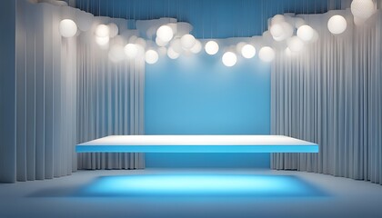 product display dais, floating, blue with retro globe lights and curtains