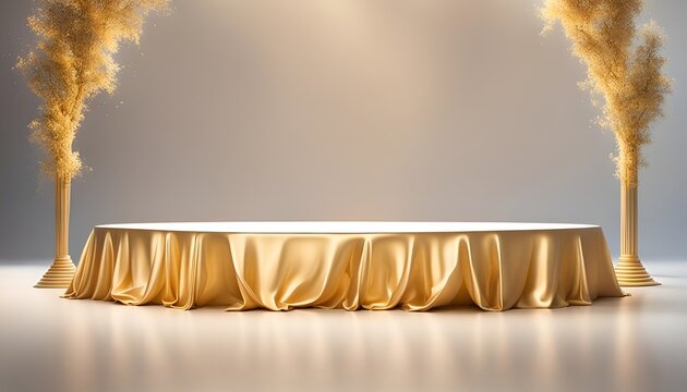 product display dais with gold skirts, classical columns and golden boughs