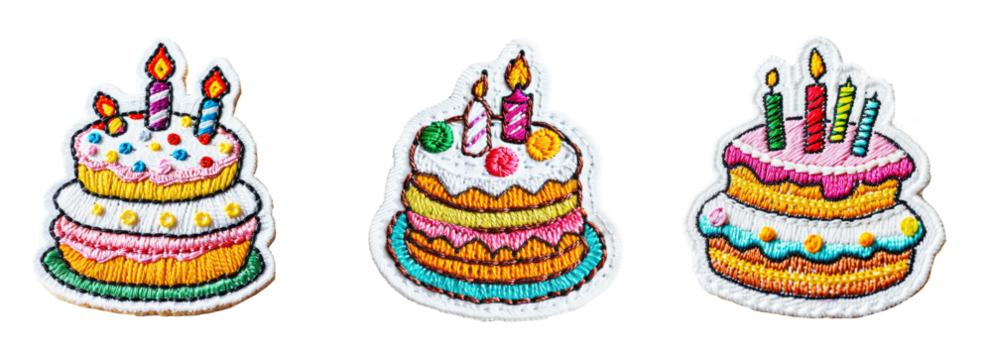 Embroidered patch sticker birthday cake set on transparent background - Powered by Adobe