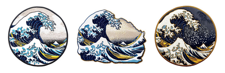 Embroidered patch sticker waves set on transparent background