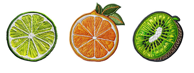 Embroidered patch sticker fresh fruits  set on transparent background
