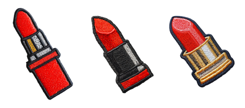Embroidered patch sticker red lipstick set on transparent background
