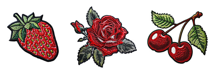 Embroidered patch sticker set rose, strawberry, cherry on transparent background - obrazy, fototapety, plakaty