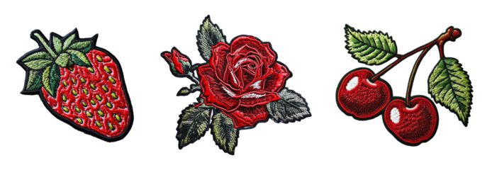 Embroidered patch sticker set rose, strawberry, cherry on transparent background