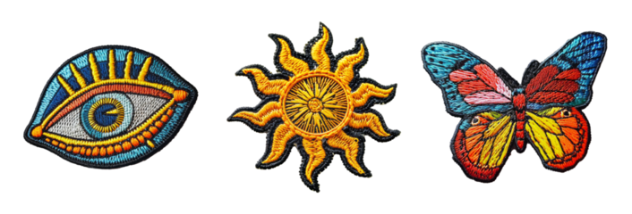 Embroidered patch sticker set, sun, eye, butterfly on transparent background