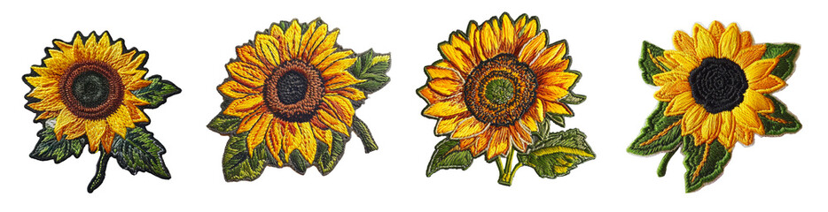 Embroidered sunflowers patch sticker on transparent background - obrazy, fototapety, plakaty