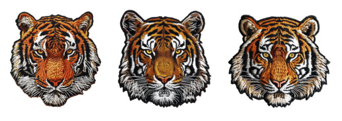 Embroidered patch sticker set tiger face on transparent background