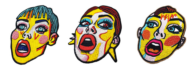 Embroidered surprise woman face patch sticker on transparent background