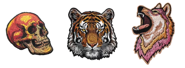 Deurstickers Embroidered patch sticker set, skull, tiger, wolf on transparent background © Porechenskaya