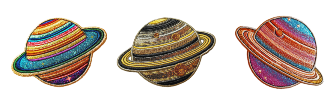 Embroidered planet saturn patch sticker set on transparent background