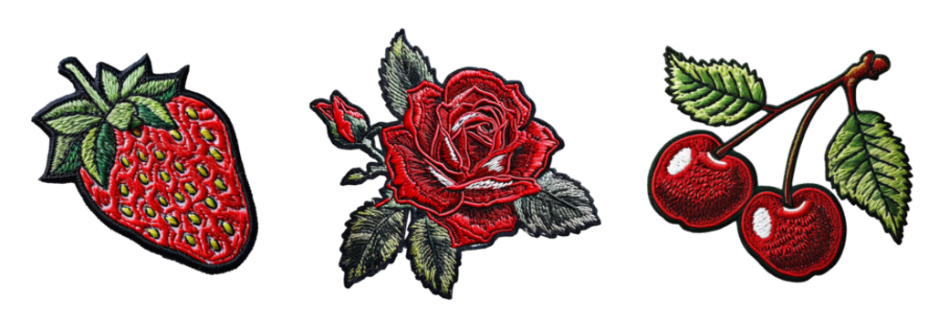 Embroidered patch sticker set rose, strawberry, cherry on transparent background
