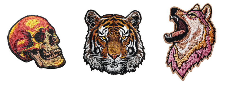 Embroidered patch sticker set, skull, tiger, wolf on transparent background