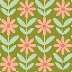Retro peach fuzz Mod Scandinavian Flowers with leaves seamless pattern over dark green background. For textile, fabric and wallpaper. 