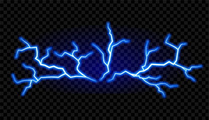 Blue electric lighting effect. Powerful storm electrical discharge. Impact, crack, magical energy flash. - obrazy, fototapety, plakaty