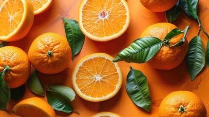 Oranges and leaves on orange background, top view.